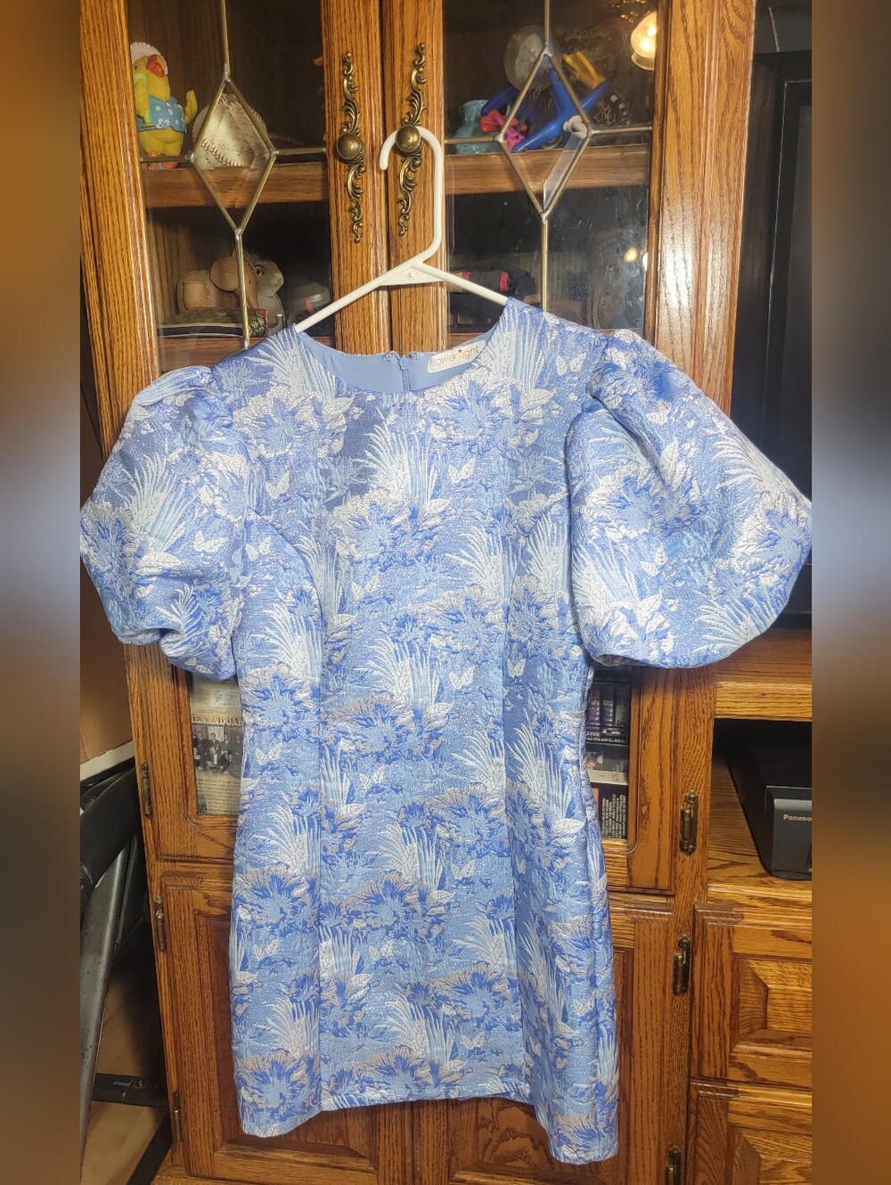 Lowerright Blue Floral Jacquard Mini Dress with Puff Sleeves Size Small